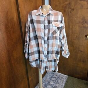 Easel Womens Picnic Flannel Shacket Brown Tan Size Medium Oversized Distressed
